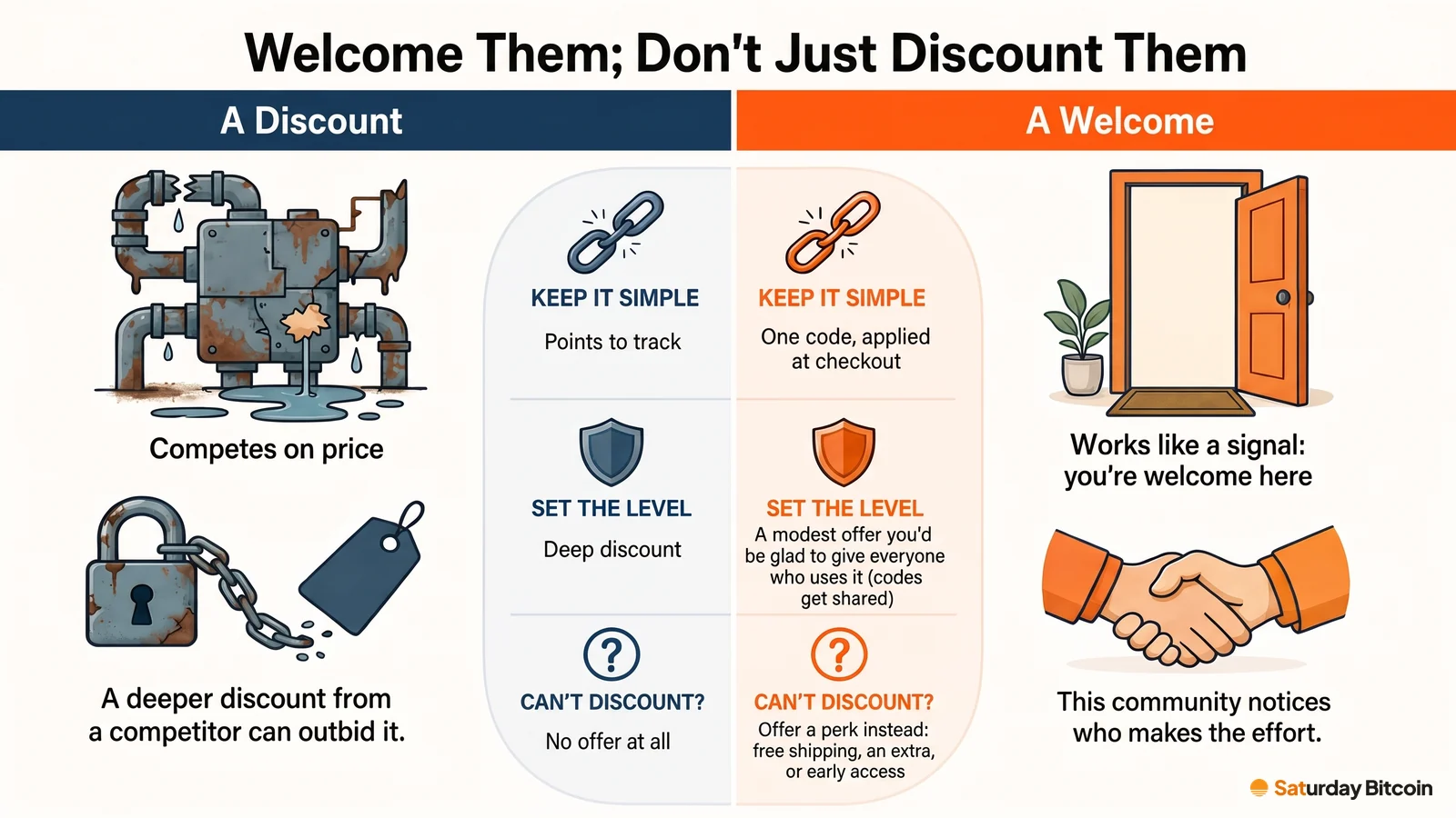 Side-by-side comparison of a discount, which a rival can outbid, and a welcome, which works as a signal; rows show one simple code, a modest level you would give everyone, and a perk if you can't discount.