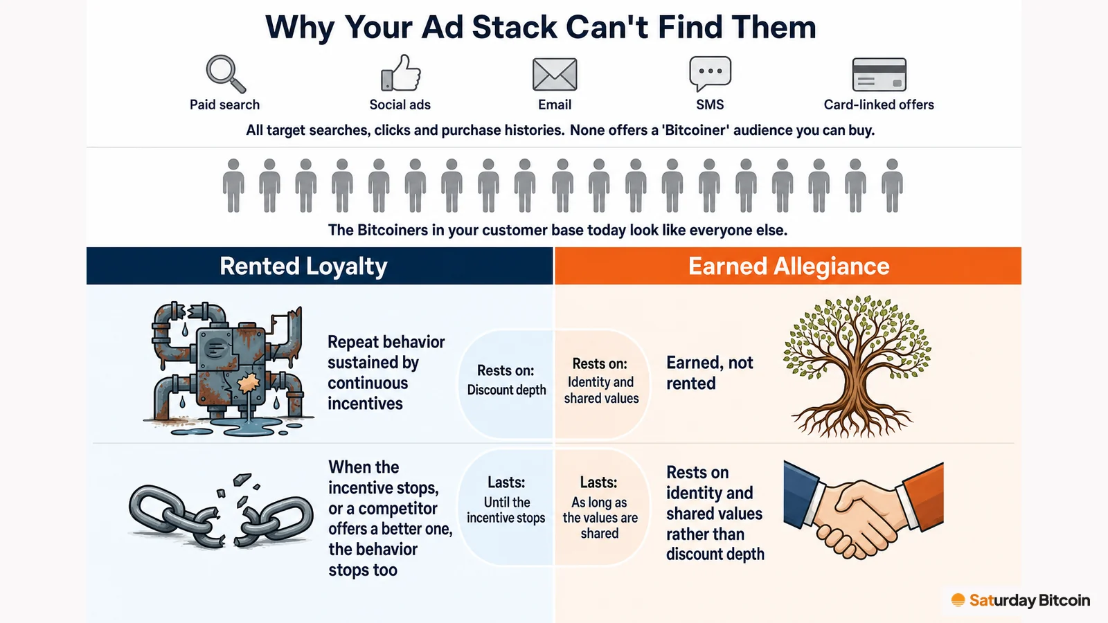 Conventional marketing channels sit above a row of identical shoppers, showing that no channel can single out Bitcoiners. Below, a two-column comparison contrasts rented loyalty, sustained by incentives, with earned allegiance rooted in identity and shared values.