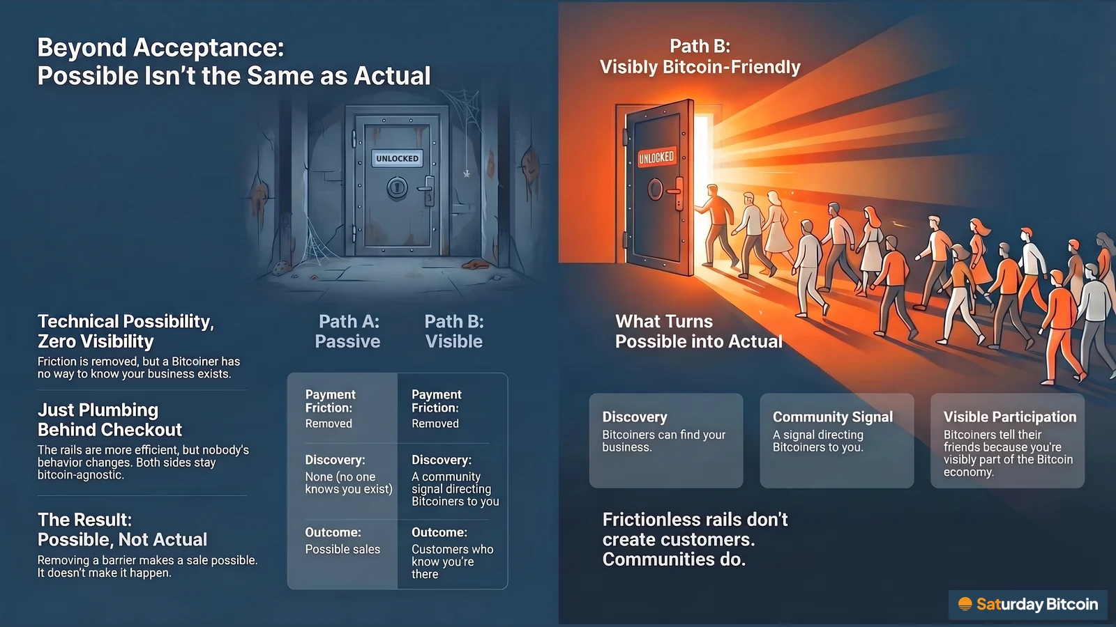 Two doors, both marked unlocked. On the left, a dim, cobwebbed door with no one around: payment friction removed but no discovery, so the sale stays possible. On the right, a glowing open door with a crowd walking through, driven by discovery, a community signal and visible participation.