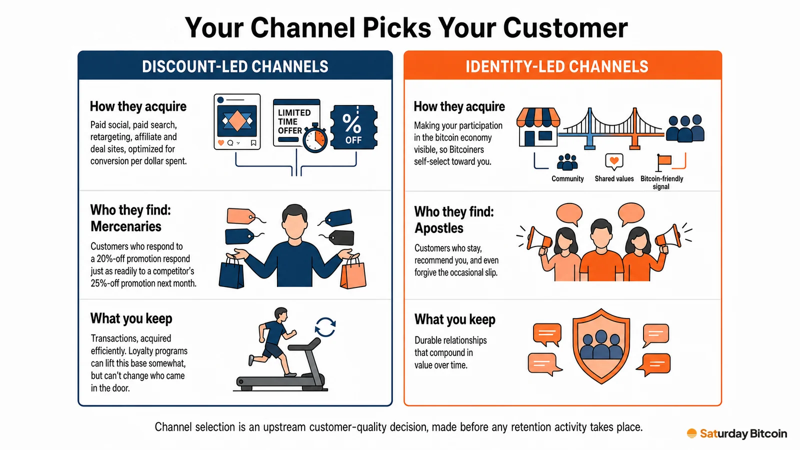 Two-column infographic contrasting discount-led channels, which find Mercenaries who leave for the next offer, with identity-led channels, which find Apostles who stay, recommend you and forgive the occasional slip.