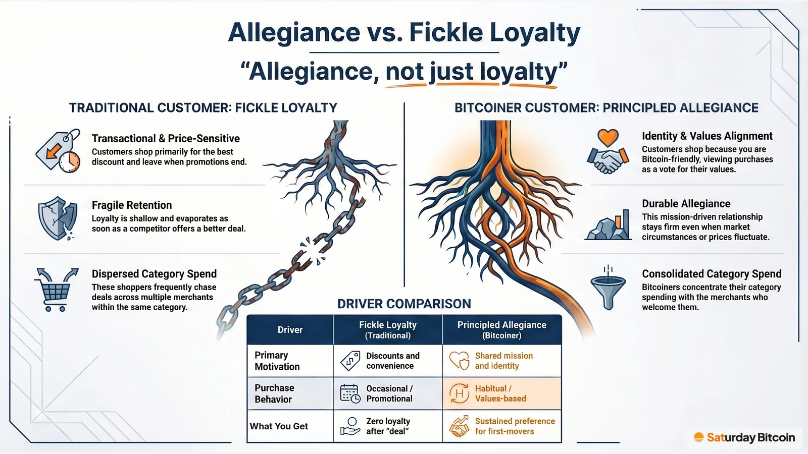 Side-by-side comparison of a traditional customer's fickle, discount-driven loyalty, drawn as a broken chain, and a Bitcoiner's principled allegiance rooted in identity and values, drawn as deep intertwined roots, with a table comparing motivation, purchase behavior and what the merchant gets.