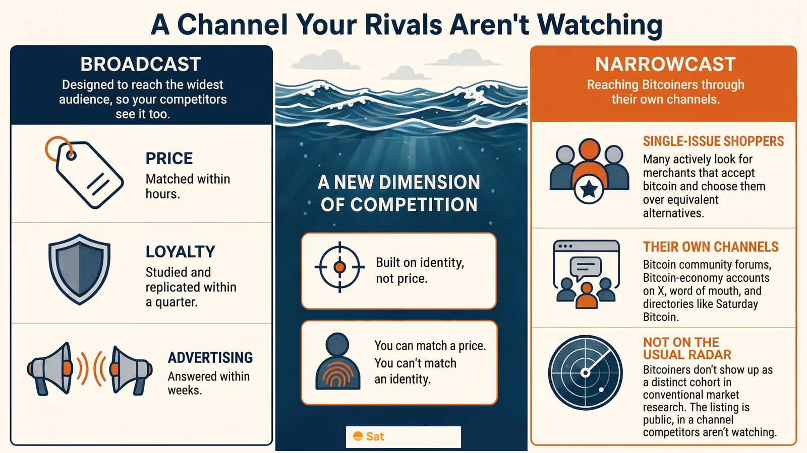 Three columns compare broadcast marketing, where price, loyalty and ad moves are seen and matched by competitors, with narrowcast: single-issue Bitcoiner shoppers who find merchants through their own channels, such as forums, word of mouth and Saturday Bitcoin. The centre reads 'Built on identity, not price.'