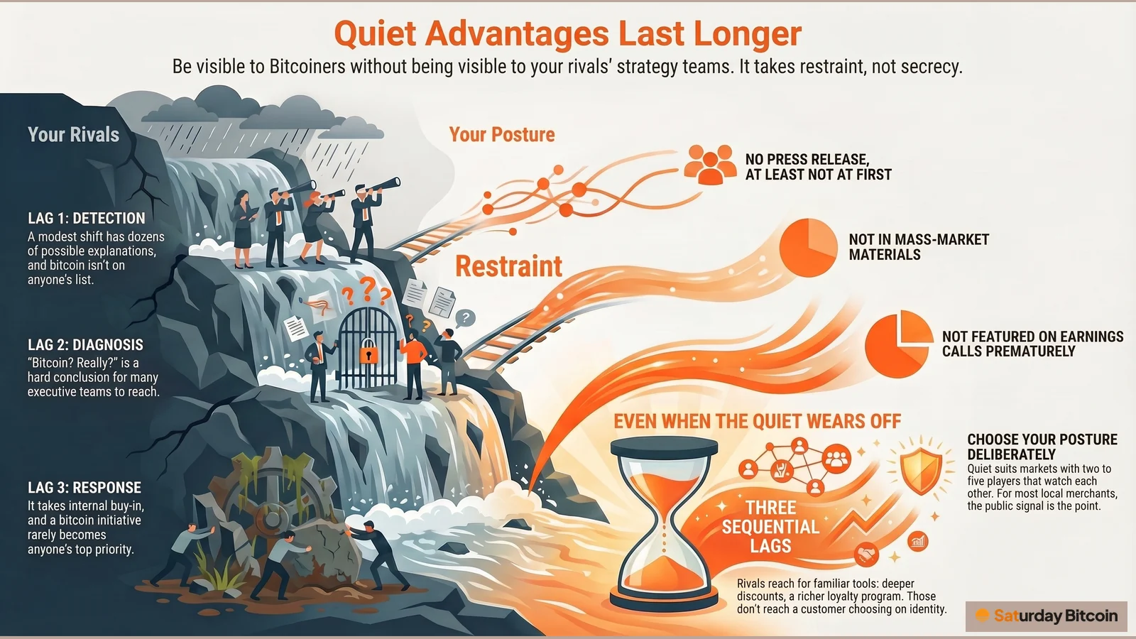 On the left, rival executives work down a waterfall through three lags: detection, diagnosis and response. On the right, a merchant's posture of restraint (no press release at first, nothing in mass-market materials, nothing on earnings calls prematurely), with a note that quiet suits concentrated markets while local merchants should signal publicly.