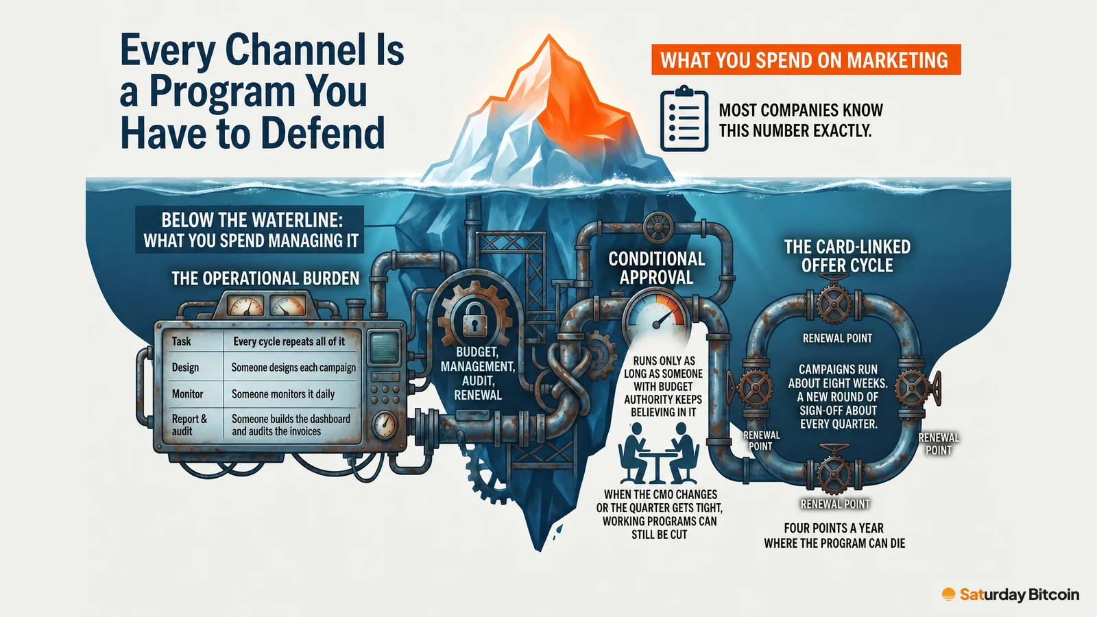 An iceberg: above the waterline is what a company spends on marketing; below it is the hidden work of designing, monitoring, reporting and auditing each campaign, the conditional approval every program lives on, and the quarterly card-linked offer cycle with four renewal points a year.