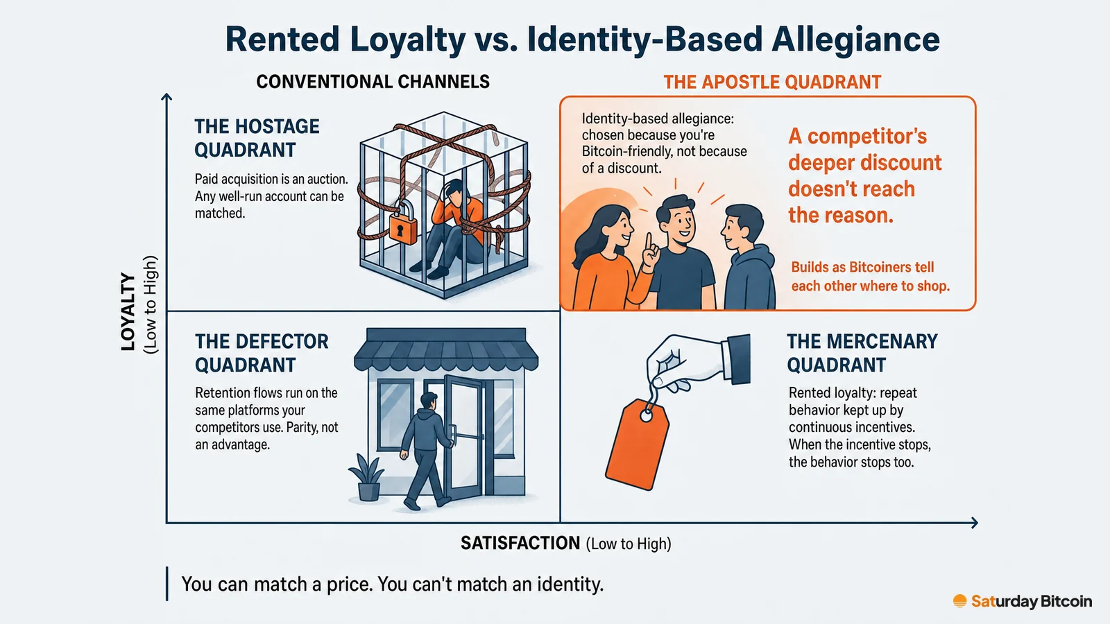A satisfaction-versus-loyalty matrix. Paid acquisition, retention flows and incentive-driven loyalty sit in the hostage, defector and mercenary quadrants; identity-based allegiance from being Bitcoin-friendly sits in the apostle quadrant, with the line: you can match a price, you can't match an identity.