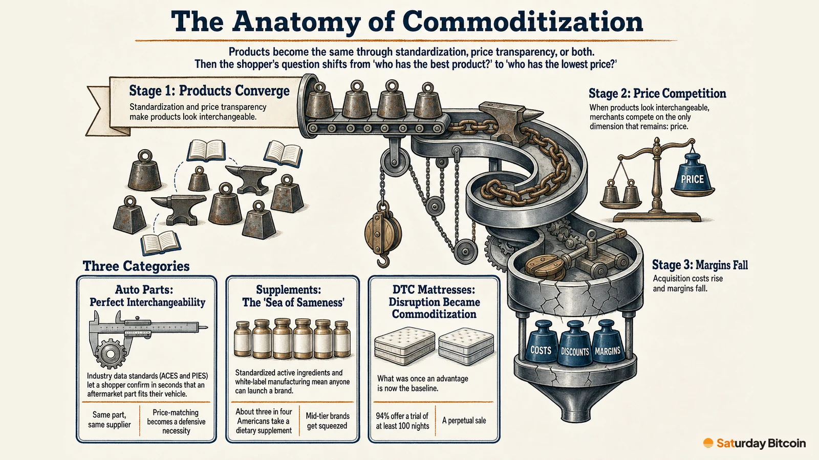 A three-stage chute shows commoditization: products converge, competition shifts to price, and margins fall. Below, cards for auto parts, supplements and DTC mattresses show how each category became interchangeable.