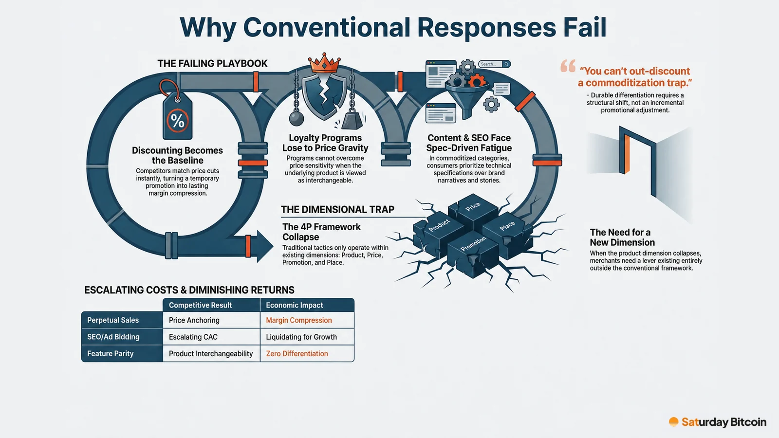 A looping pipeline shows the failing playbook in commoditized markets: discounting becomes the baseline, loyalty programs lose to price, and content and SEO stall, all trapped inside the four Ps. A doorway on the right marks the need for a lever outside that framework.