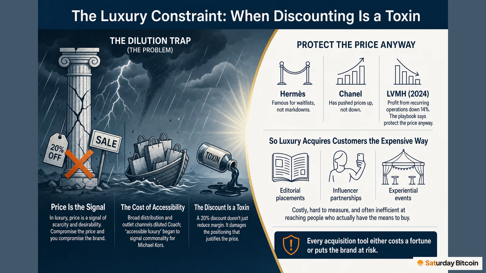Infographic contrasting the dilution trap in luxury (a cracked column with a crossed-out 20% off tag, a sinking boat of outlet bags, a spilling toxin bottle) with the luxury playbook of protecting price, and the costly acquisition channels luxury relies on instead: editorial, influencers and events.