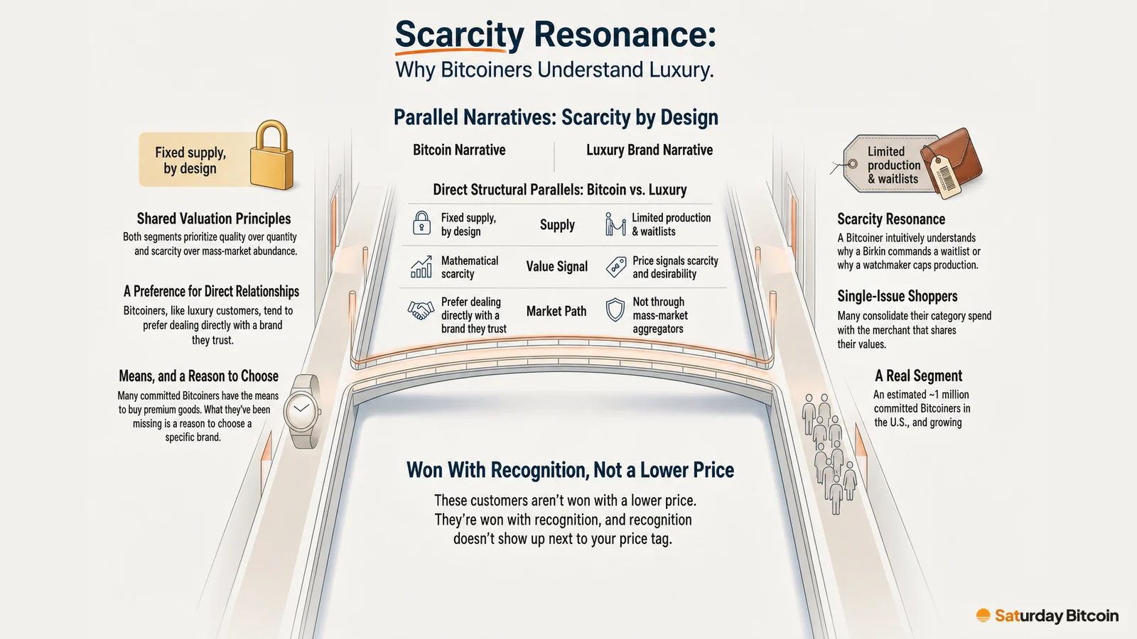 Infographic drawing a bridge between the Bitcoin narrative and the luxury brand narrative: both built on scarcity by design, a preference for direct relationships with trusted brands, and customers with the means to buy who are won with recognition rather than a lower price.