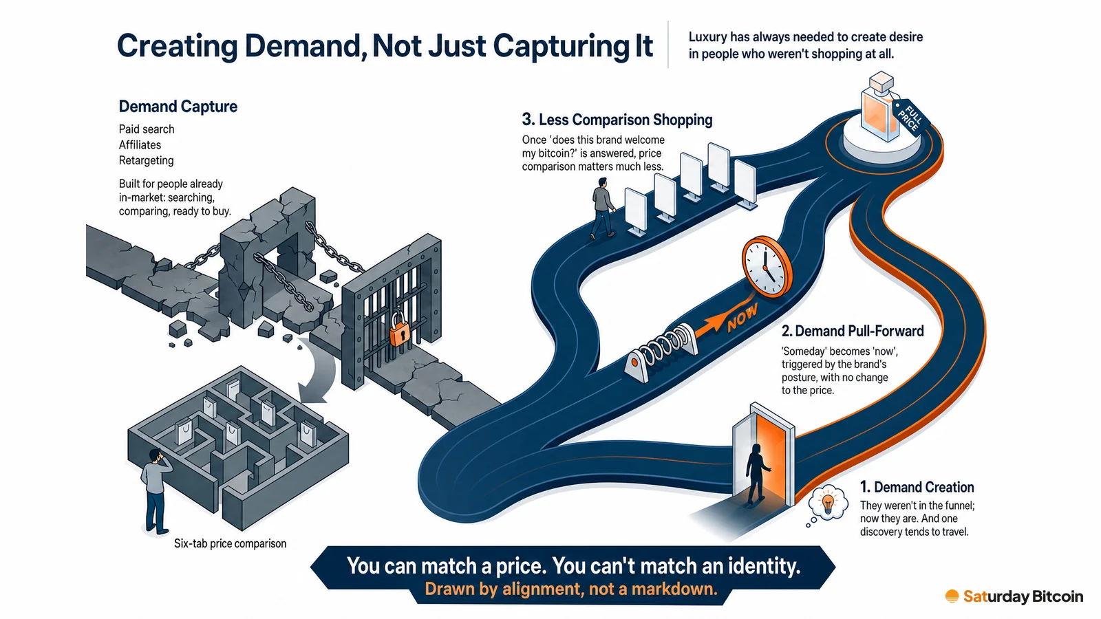 Infographic contrasting demand capture (paid search, affiliates, retargeting and a price-comparison maze) with three effects of being discovered by Bitcoiners: demand creation, demand pull-forward and less comparison shopping, all leading to a full-price purchase.