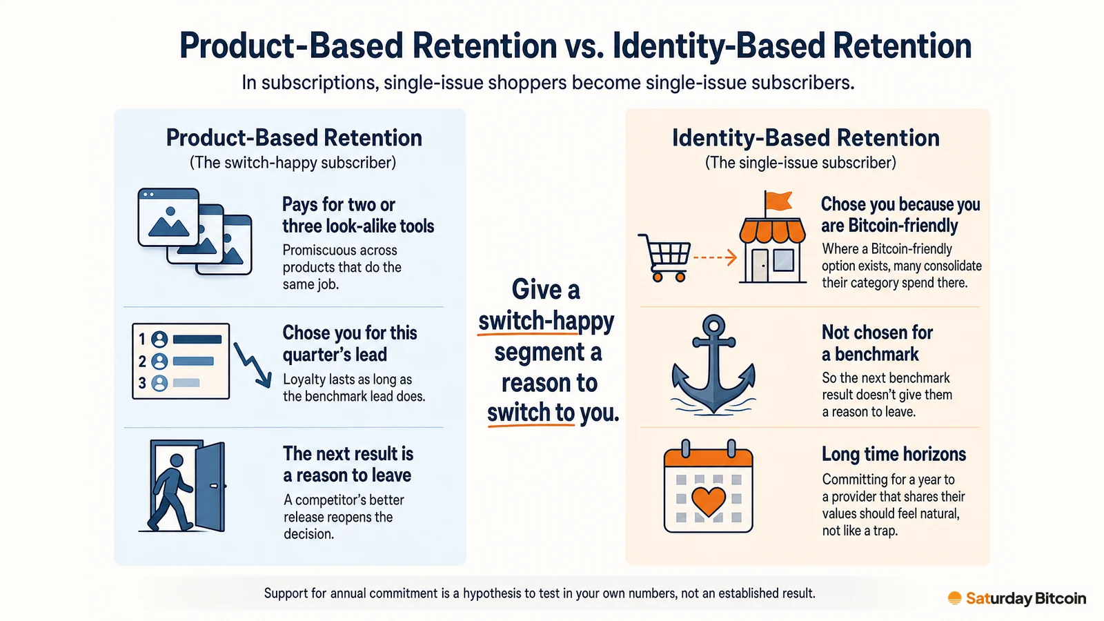 A two-column comparison of product-based retention, where a switch-happy subscriber leaves after the next benchmark result, and identity-based retention, where a single-issue subscriber chose the provider for being Bitcoin-friendly. A footnote marks support for annual commitment as a hypothesis to test.