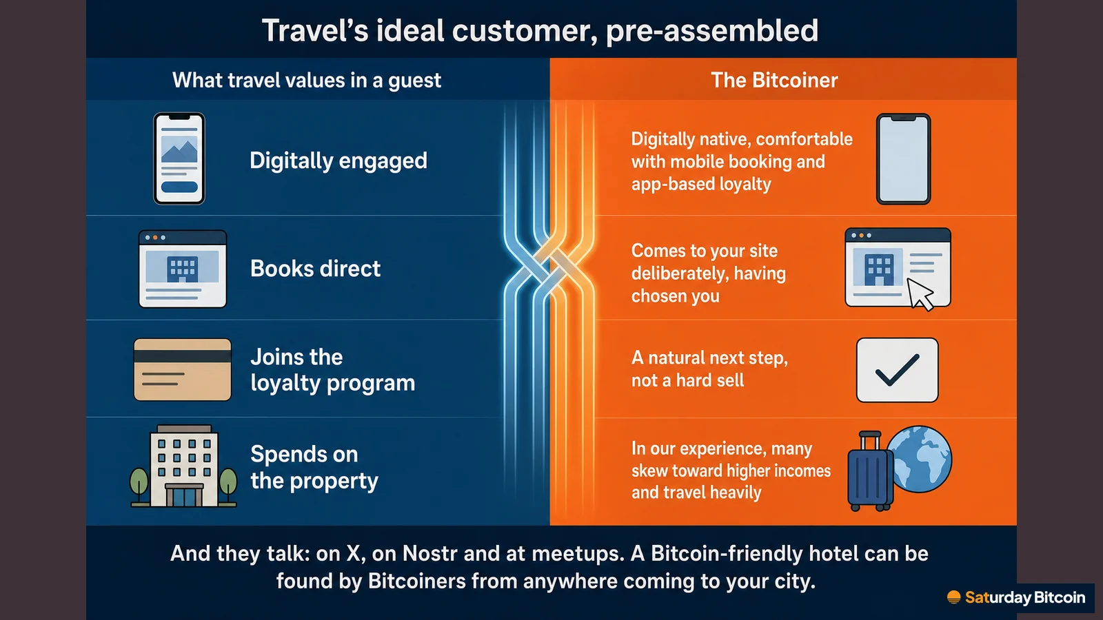 A two-column match: what travel values in a guest (digitally engaged, books direct, joins the loyalty program, spends on the property) set against how Bitcoiners fit each row, with a footer noting that they share finds on X, Nostr and at meetups.