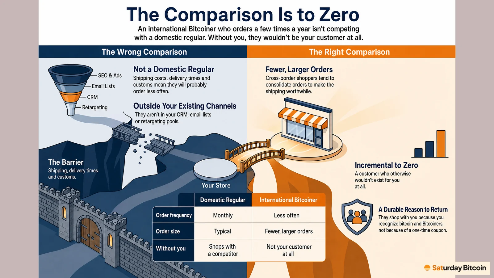An infographic contrasting the wrong comparison (an international Bitcoiner versus a domestic regular, held back by shipping and customs) with the right one: a customer who otherwise wouldn't exist for you, placing fewer, larger orders and returning because you recognize Bitcoiners.