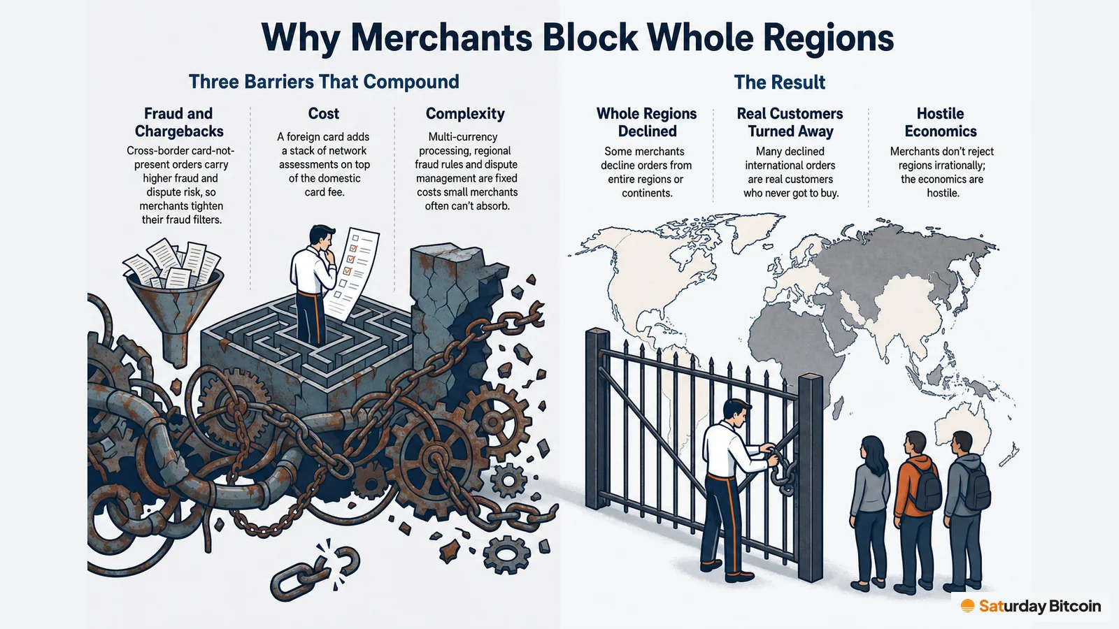An infographic of three compounding barriers to cross-border card sales (fraud and chargebacks, cost, complexity) leading to the result: merchants close the gate on whole regions and turn away real customers, because the economics are hostile.