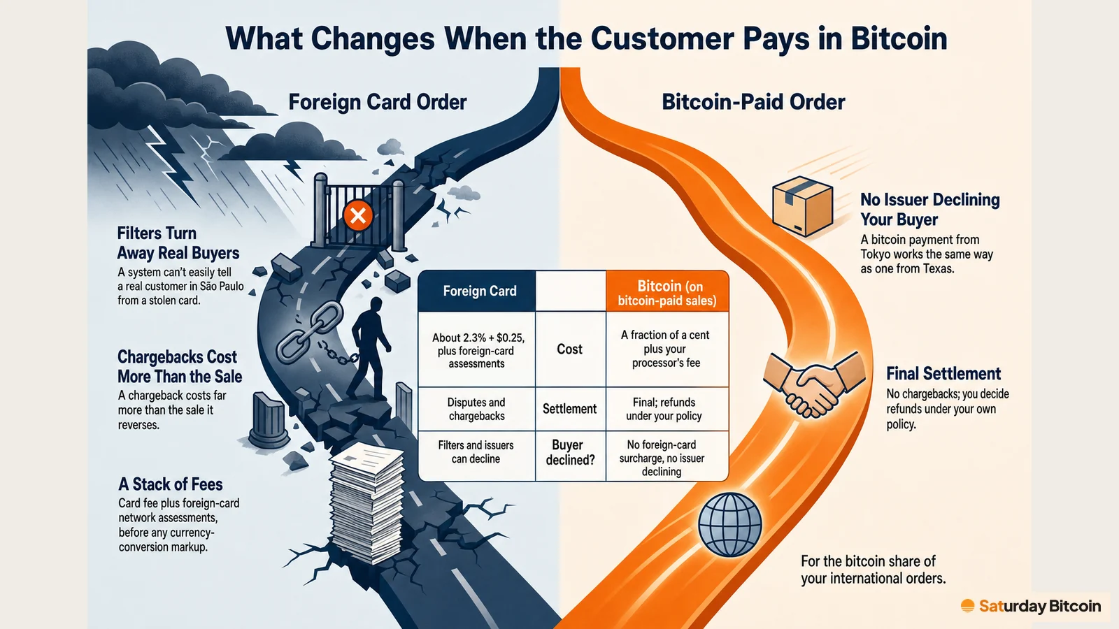 An infographic comparing a foreign card order (fraud filters, chargebacks, card fees plus foreign-card assessments) with a bitcoin-paid order (no issuer declining the buyer, final settlement, a fraction of a cent plus the processor's fee), scoped to the bitcoin share of international orders.