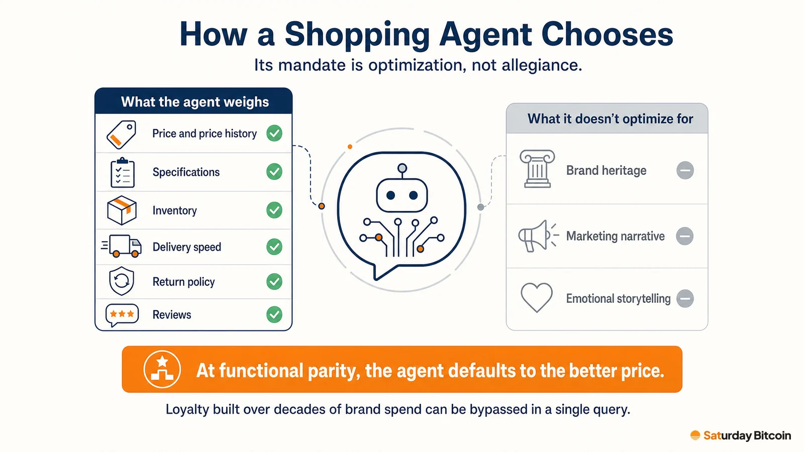 A neutral AI-agent icon sits between two lists: the functional factors it weighs (price and price history, specifications, inventory, delivery speed, return policy, reviews) and the things it doesn't optimize for (brand heritage, marketing narrative, emotional storytelling). A banner notes that at functional parity the agent defaults to the better price.