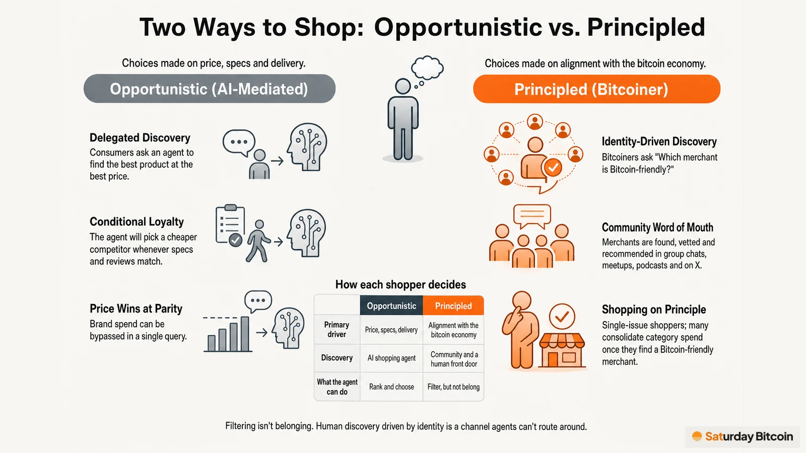 A two-column comparison: opportunistic shoppers delegate discovery to an AI agent that picks on price, specs and delivery, while principled Bitcoiners ask which merchant is Bitcoin-friendly and find merchants through community word of mouth. A center table contrasts each shopper's driver and discovery path.