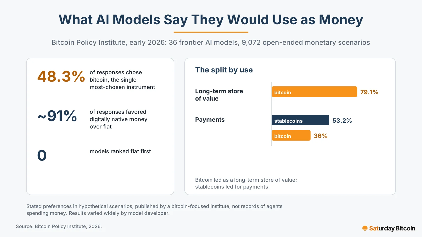 Chart of the Bitcoin Policy Institute study of 36 AI models across 9,072 scenarios: bitcoin was most chosen at 48.3% of responses and about 91% favored digitally native money; bitcoin led for store of value at 79.1%, while stablecoins led for payments at 53.2% versus bitcoin's 36%. A note says these are stated preferences in hypothetical scenarios.