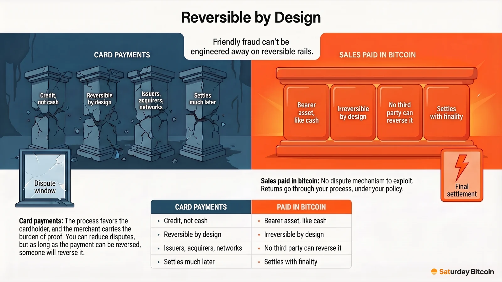 Split infographic: on the card side, cracked pillars labeled credit not cash, reversible by design, issuers acquirers and networks, and settles much later; on the bitcoin side, solid blocks labeled bearer asset like cash, irreversible by design, no third party can reverse it, and settles with finality.