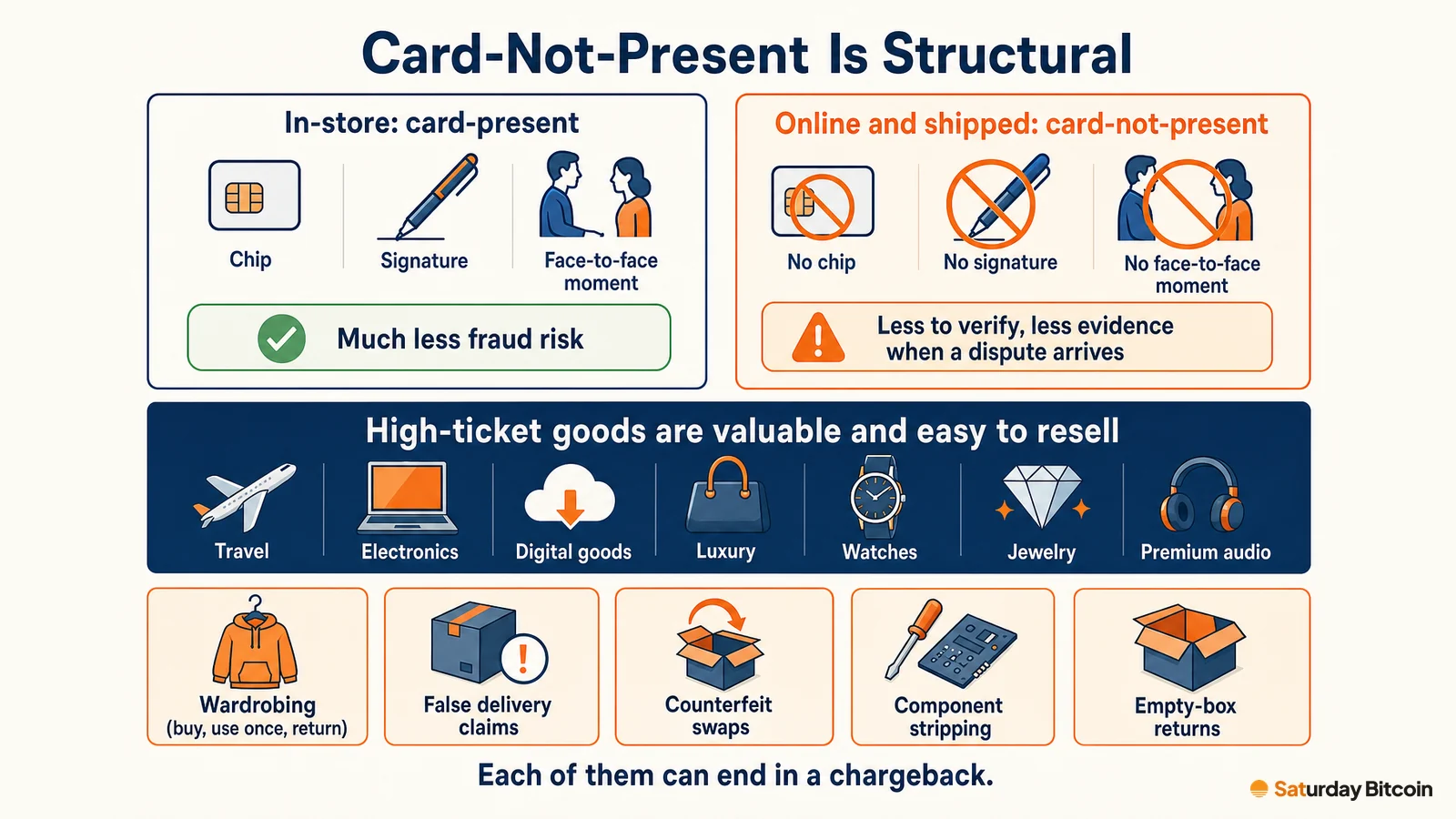 Infographic contrasting in-store card-present sales, which have a chip, signature and face-to-face moment and much less fraud risk, with online card-not-present sales that have none of these, then listing high-ticket categories and the tactics, from wardrobing to empty-box returns, that can each end in a chargeback.