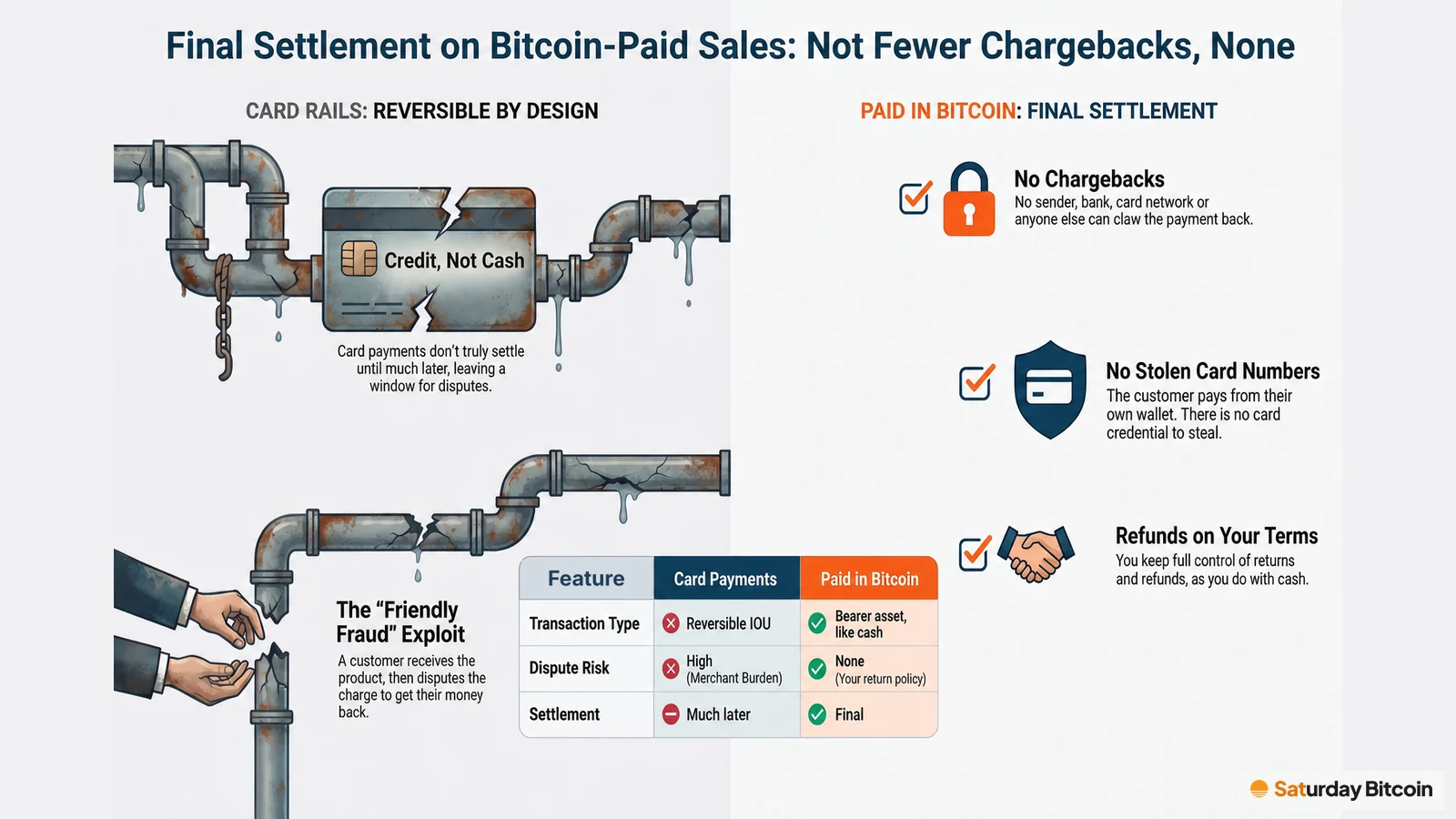 Infographic contrasting leaking card-rail pipes, where payments are credit that settles much later and friendly fraud claws money back, with final settlement on bitcoin-paid sales: no chargebacks, no stolen card numbers, and refunds on the merchant's own terms.