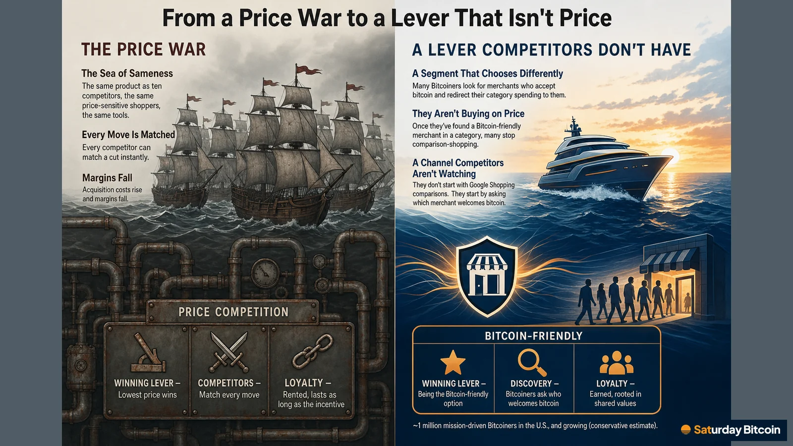 A split scene contrasts a crowded sea of identical ships locked in a price war with a single vessel heading into open water, representing a Bitcoin-friendly merchant reaching a segment that chooses on values rather than price.