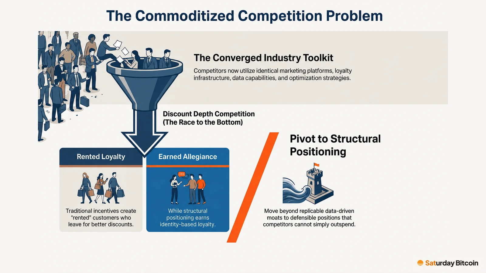 A crowd of competitors pours through one funnel into a race to the bottom on discounts, which splits into rented loyalty that leaves for better deals and earned allegiance based on identity. A tower on the right stands for positioning that competitors can't simply outspend.